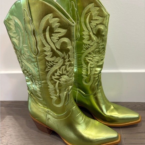 Green Metallic Cowgirl Western Cowboy Chunky Heeled Boots Size 8 - Picture 1 of 12